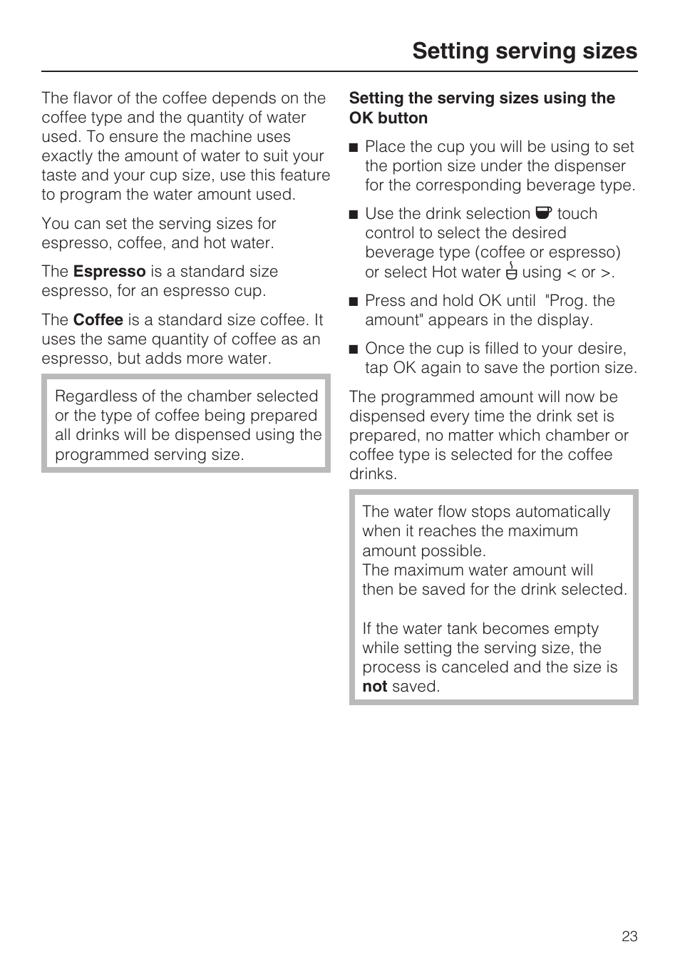 Setting serving sizes 23, Setting serving sizes | Miele CVA 2652 User Manual | Page 23 / 72