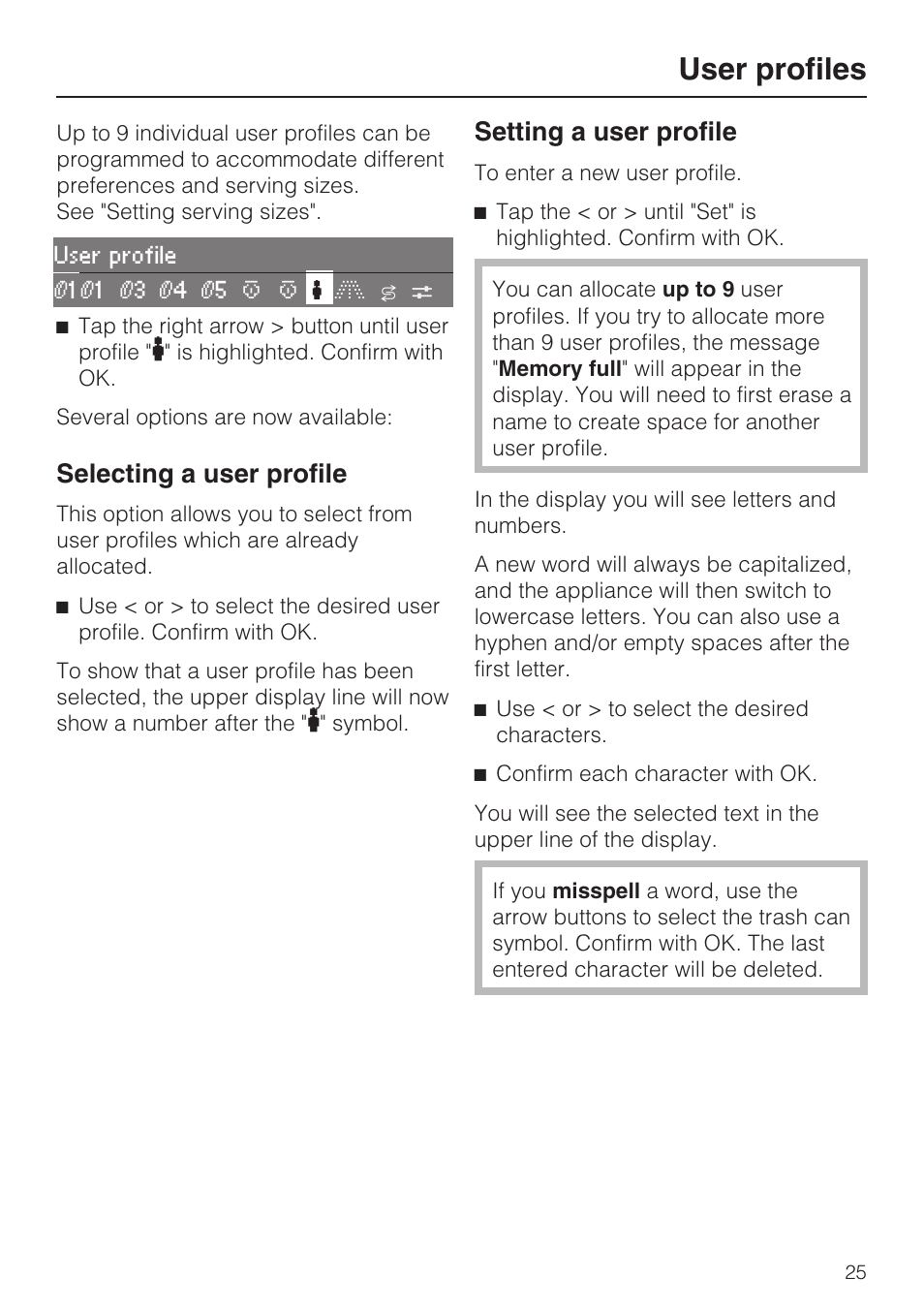 User profiles 25, Selecting a user profile 25, Setting a user profile 25 | User profiles, Selecting a user profile, Setting a user profile | Miele CVA 2652 User Manual | Page 25 / 72