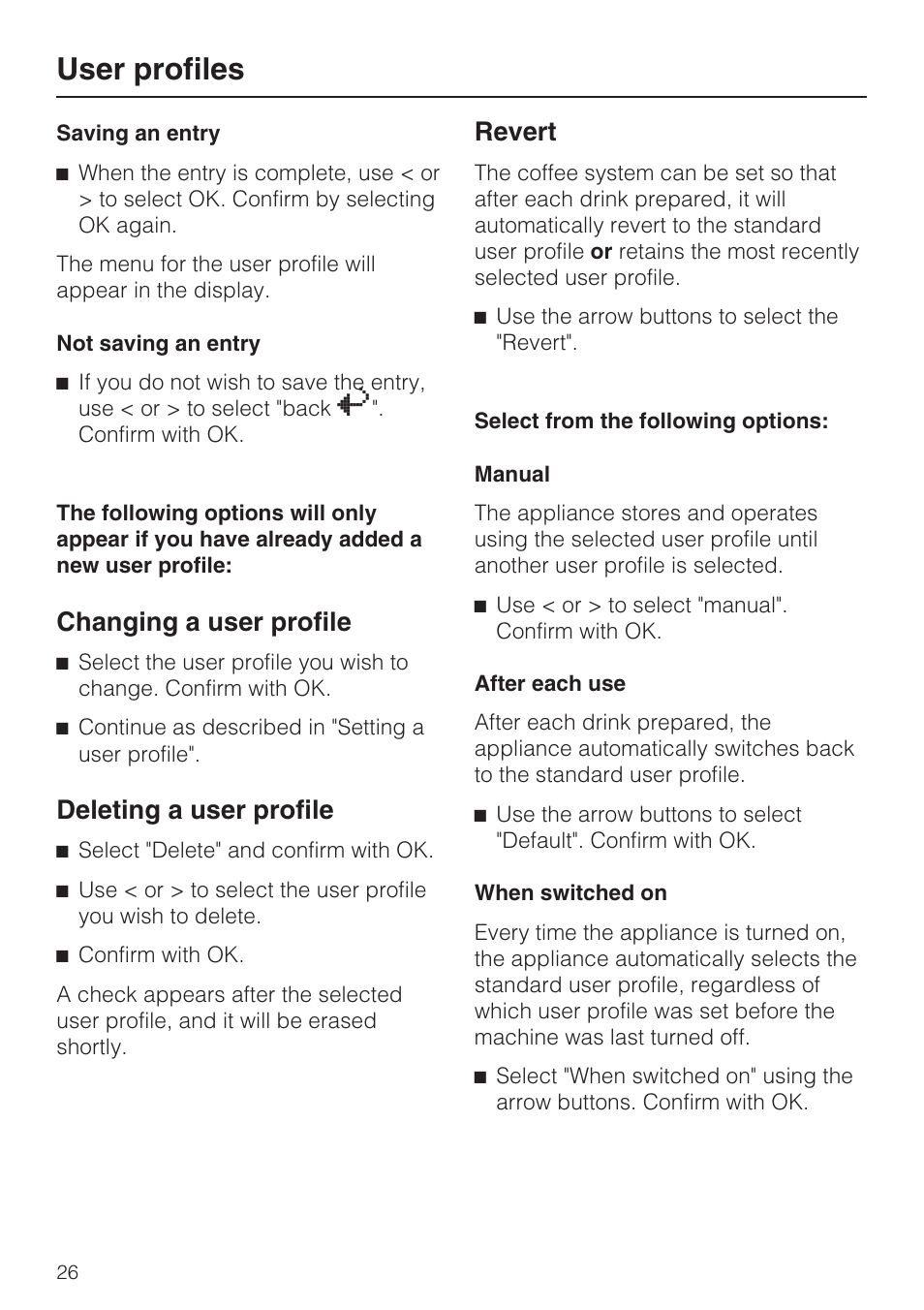 User profiles, Changing a user profile, Deleting a user profile | Revert | Miele CVA 2652 User Manual | Page 26 / 72