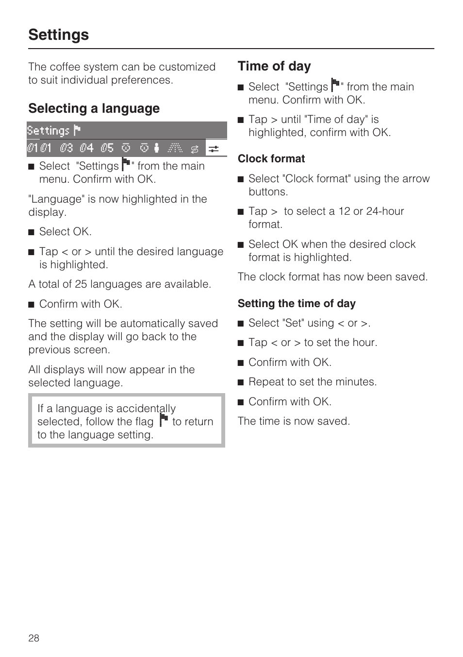Settings 28, Selecting a language 28, Time of day 28 | Settings, Selecting a language, Time of day | Miele CVA 2652 User Manual | Page 28 / 72