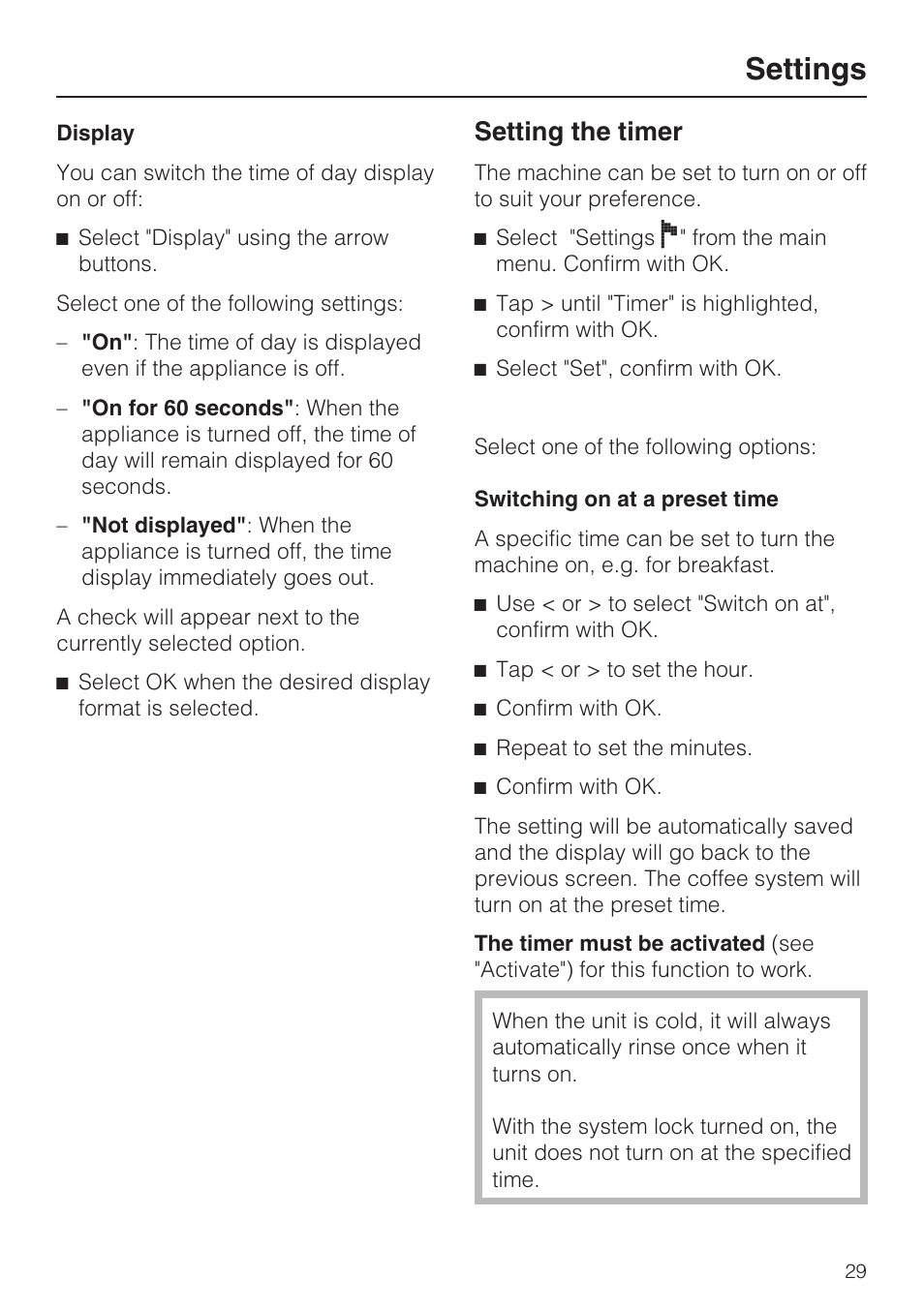 Setting the timer 29, Settings, Setting the timer | Miele CVA 2652 User Manual | Page 29 / 72
