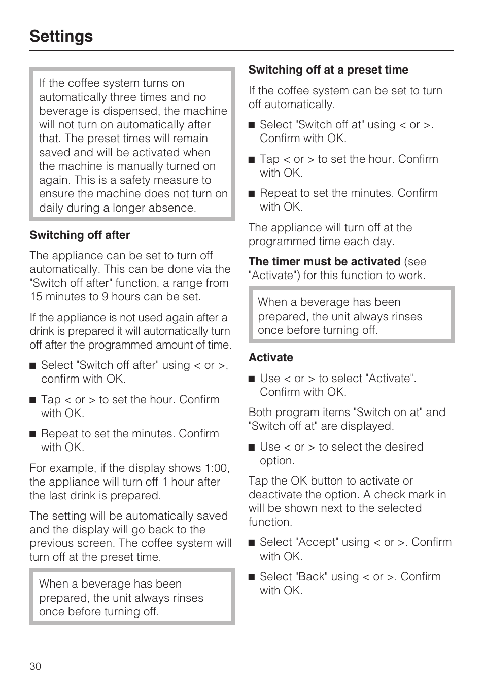 Settings | Miele CVA 2652 User Manual | Page 30 / 72