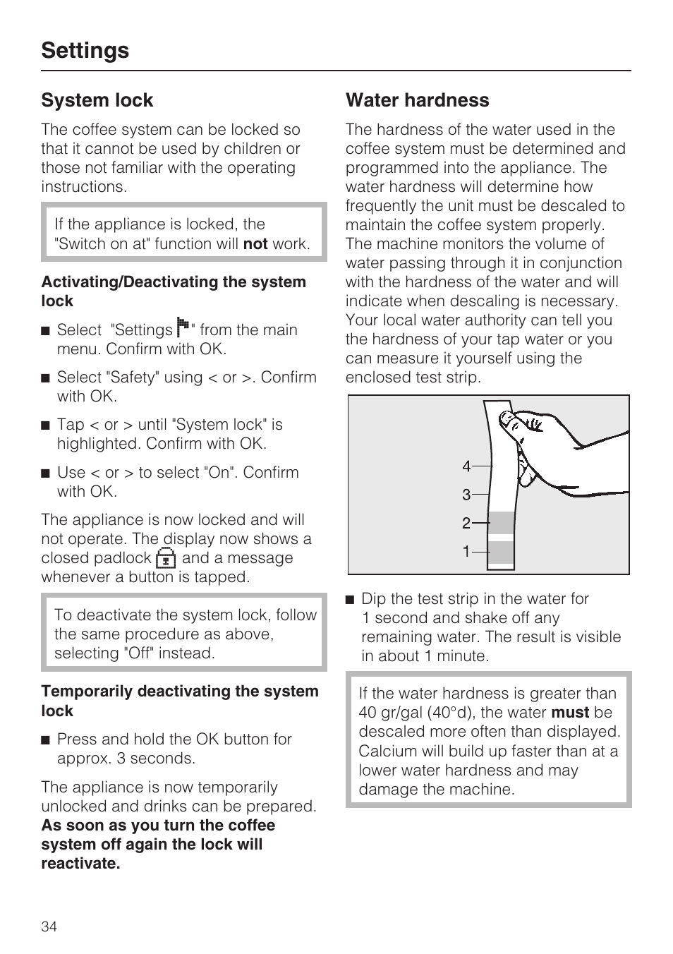 System lock 34, Water hardness 34, Settings | System lock, Water hardness | Miele CVA 2652 User Manual | Page 34 / 72