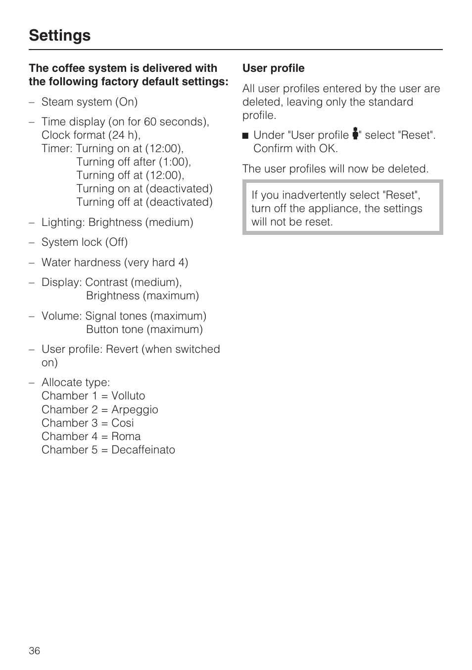 Settings | Miele CVA 2652 User Manual | Page 36 / 72