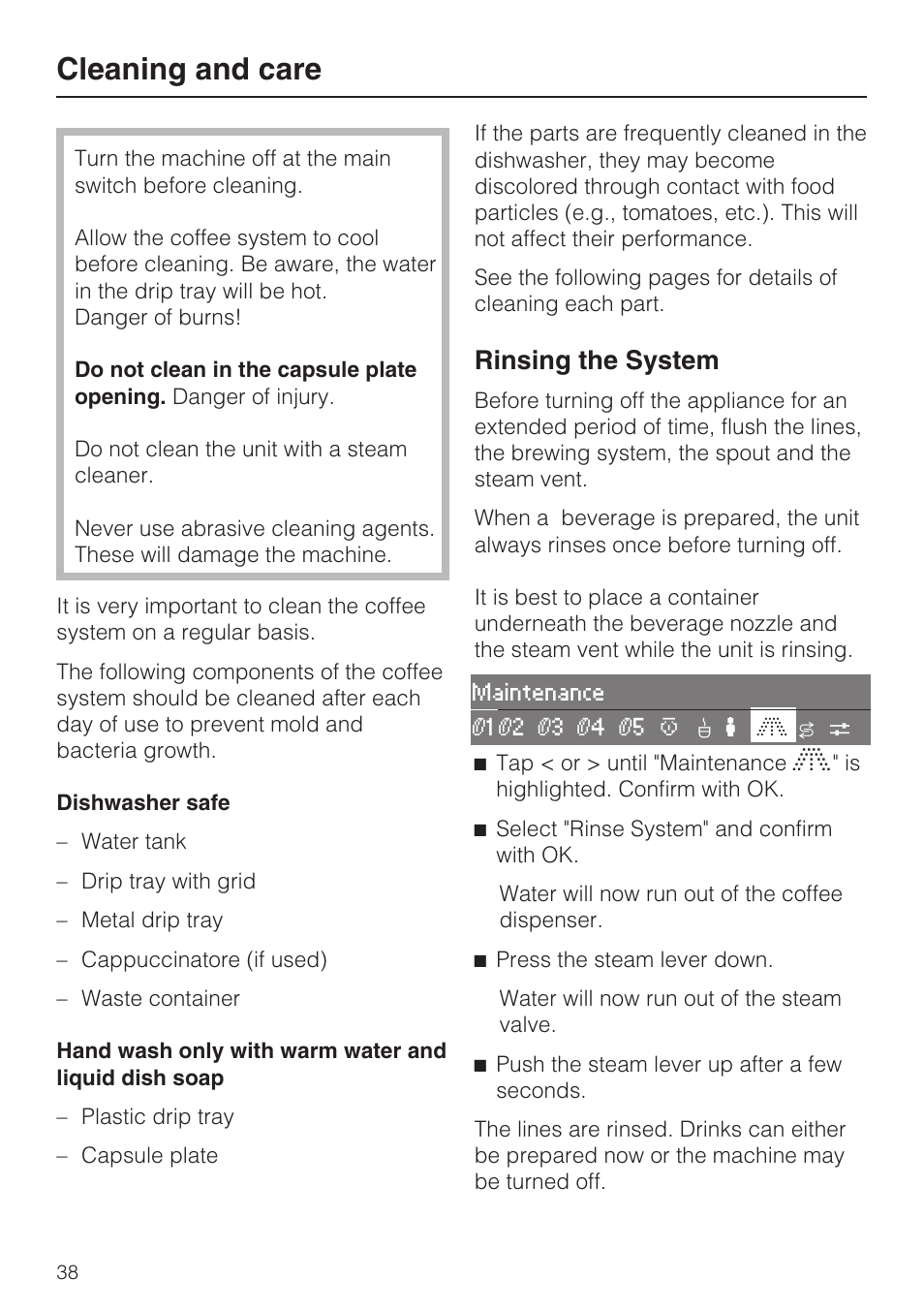 Cleaning and care, Rinsing the system | Miele CVA 2652 User Manual | Page 38 / 72