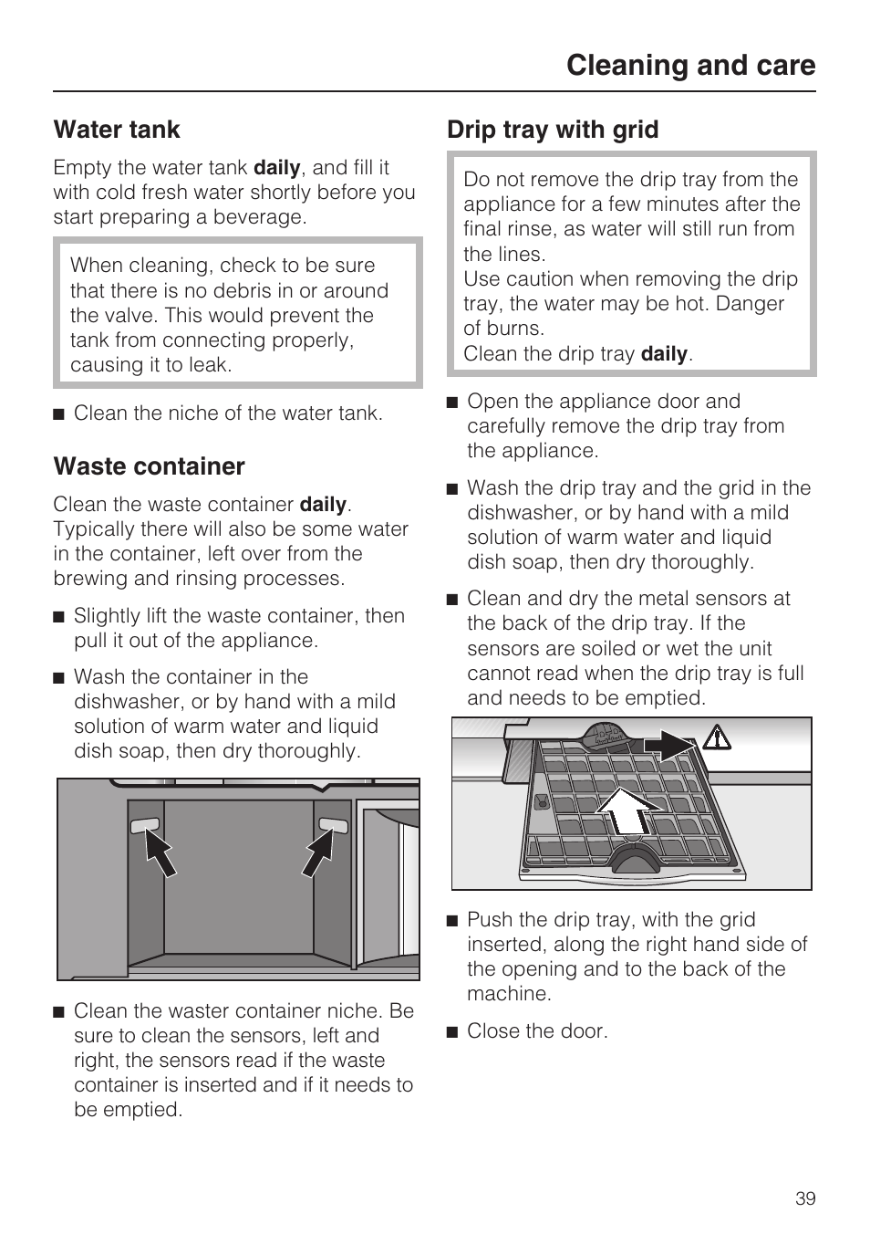 Cleaning and care, Water tank, Waste container | Drip tray with grid | Miele CVA 2652 User Manual | Page 39 / 72