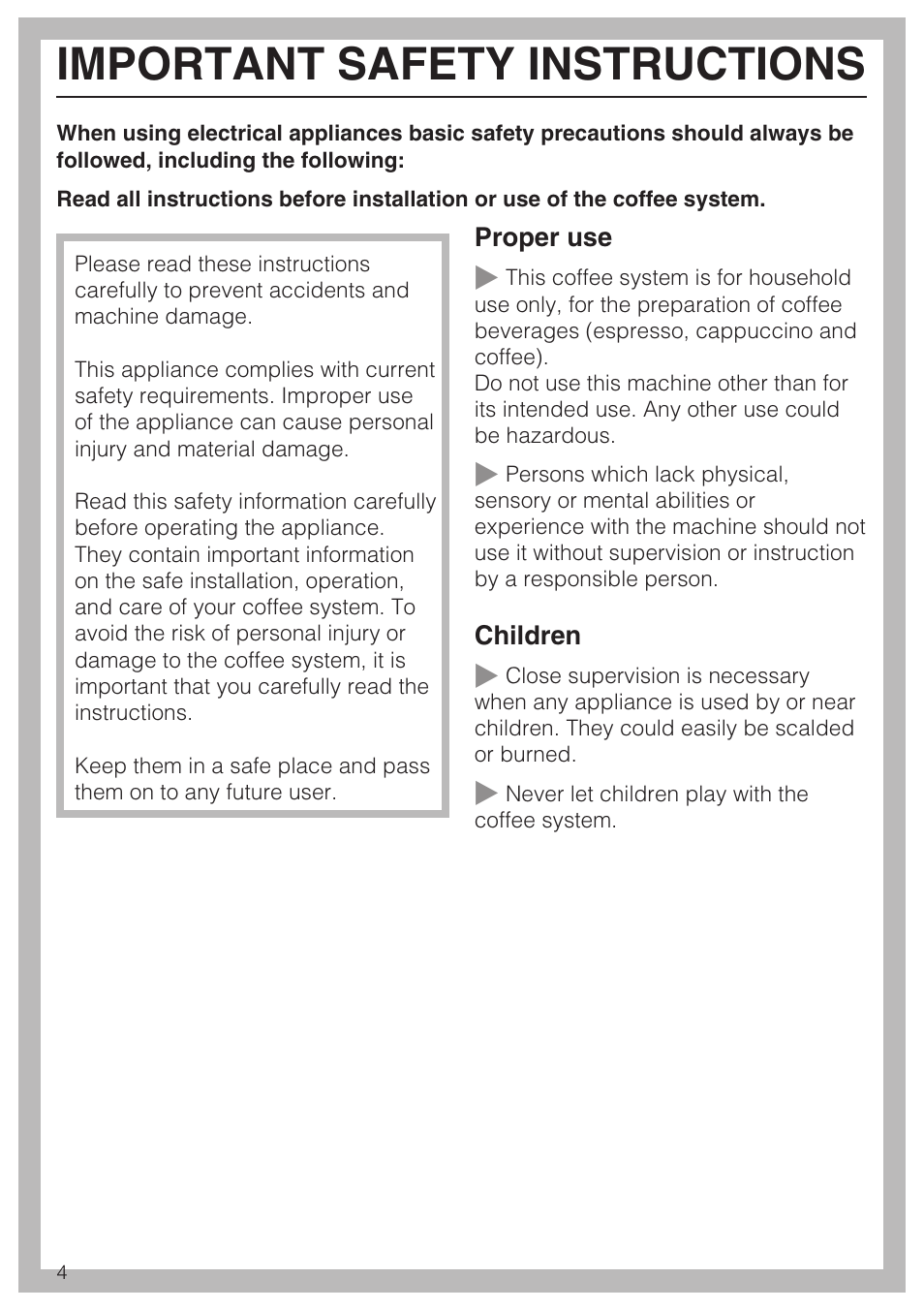 Important safety instructions 4, Important safety instructions | Miele CVA 2652 User Manual | Page 4 / 72