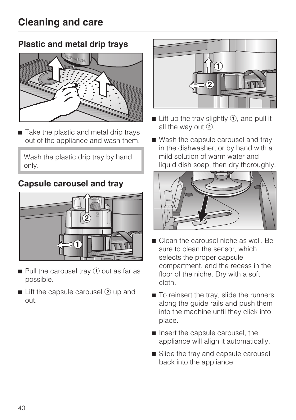 Cleaning and care, Plastic and metal drip trays, Capsule carousel and tray | Miele CVA 2652 User Manual | Page 40 / 72