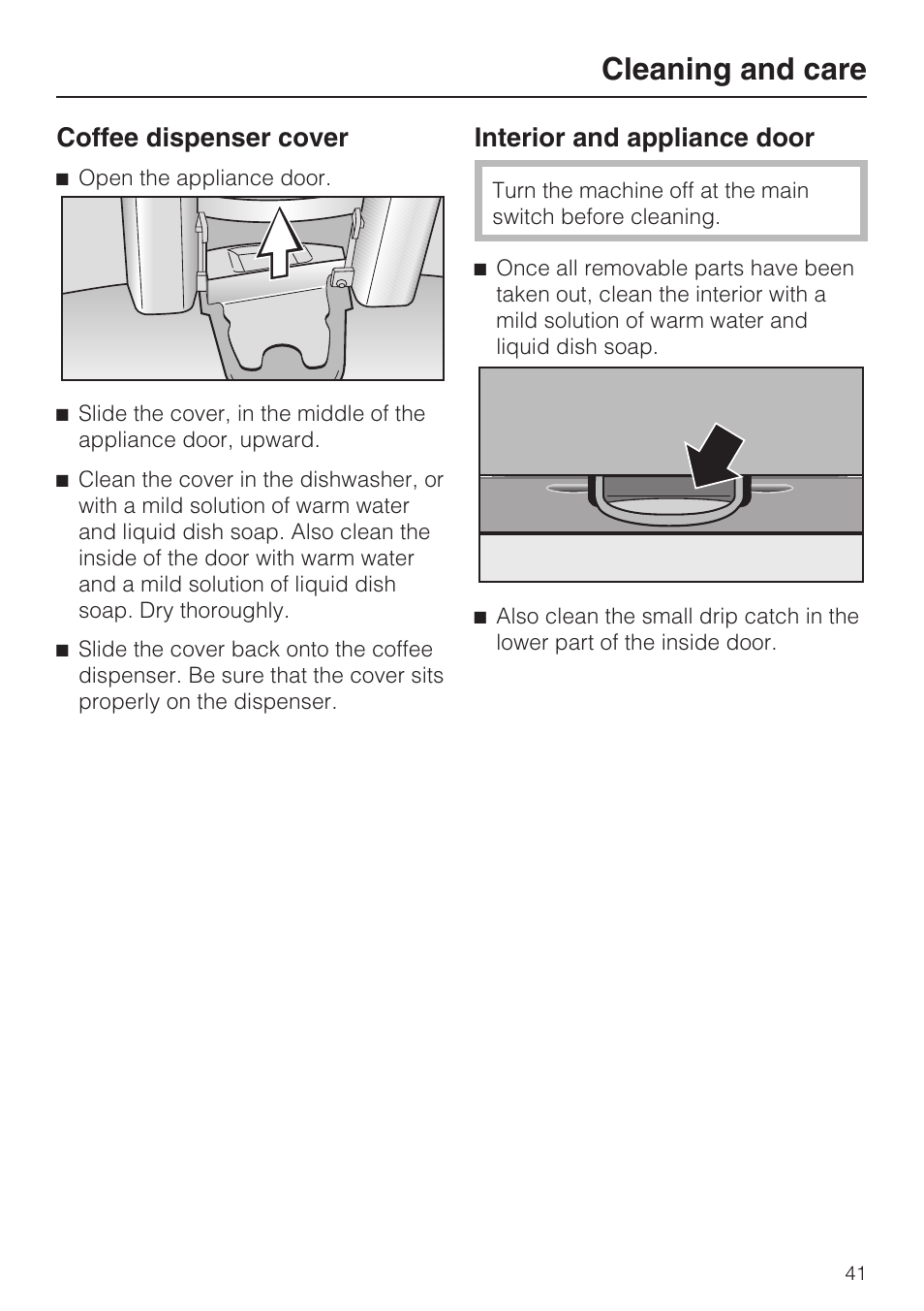 Cleaning and care, Coffee dispenser cover, Interior and appliance door | Miele CVA 2652 User Manual | Page 41 / 72