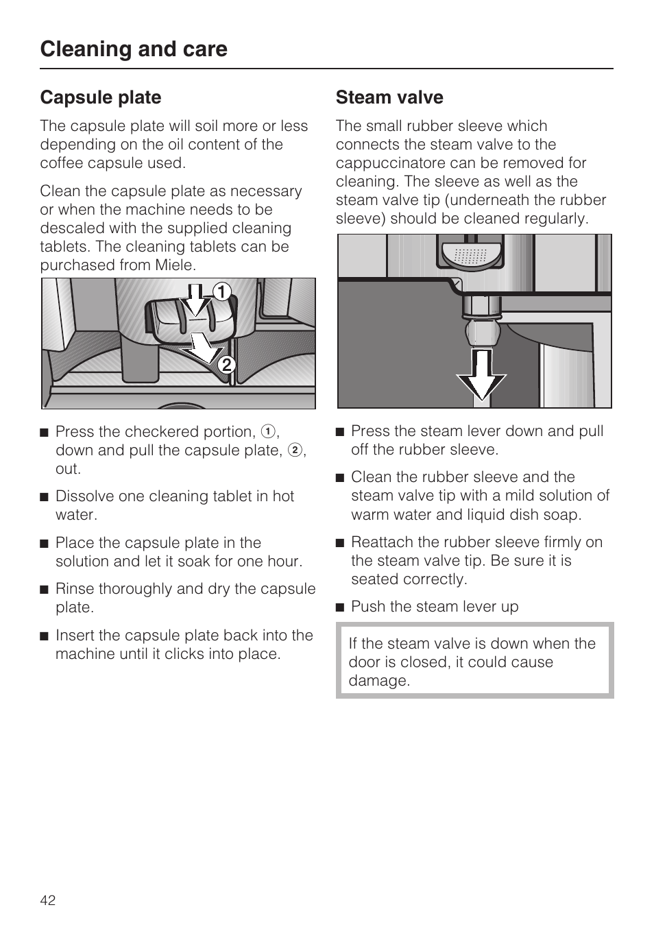 Cleaning and care, Capsule plate, Steam valve | Miele CVA 2652 User Manual | Page 42 / 72