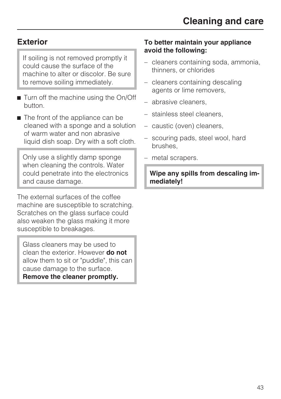 Cleaning and care, Exterior | Miele CVA 2652 User Manual | Page 43 / 72