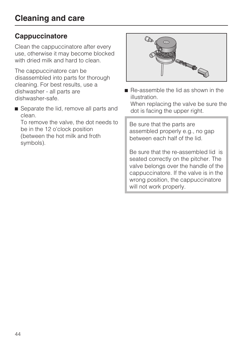 Cleaning and care, Cappuccinatore | Miele CVA 2652 User Manual | Page 44 / 72