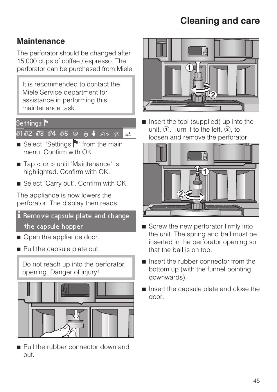 Cleaning and care, Maintenance | Miele CVA 2652 User Manual | Page 45 / 72