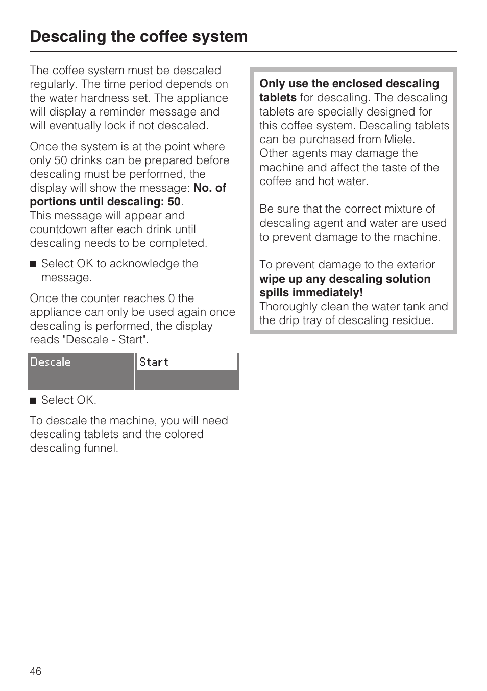 Descaling the coffee system 46, Descaling the coffee system | Miele CVA 2652 User Manual | Page 46 / 72