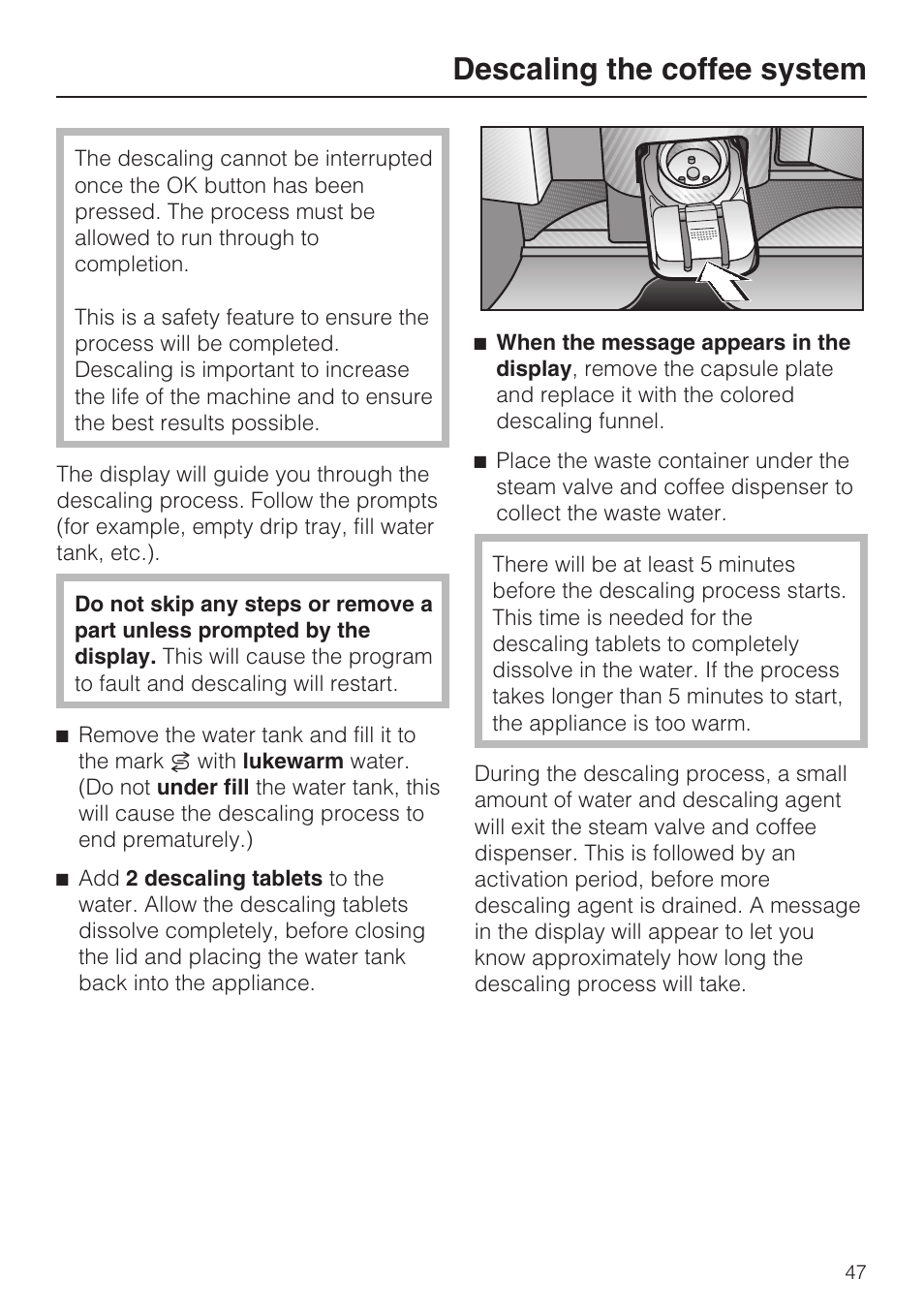 Descaling the coffee system | Miele CVA 2652 User Manual | Page 47 / 72