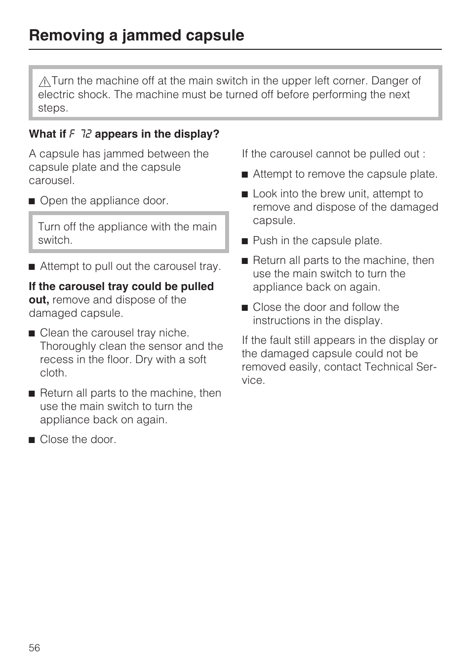 Removing a jammed capsule 56, Removing a jammed capsule | Miele CVA 2652 User Manual | Page 56 / 72