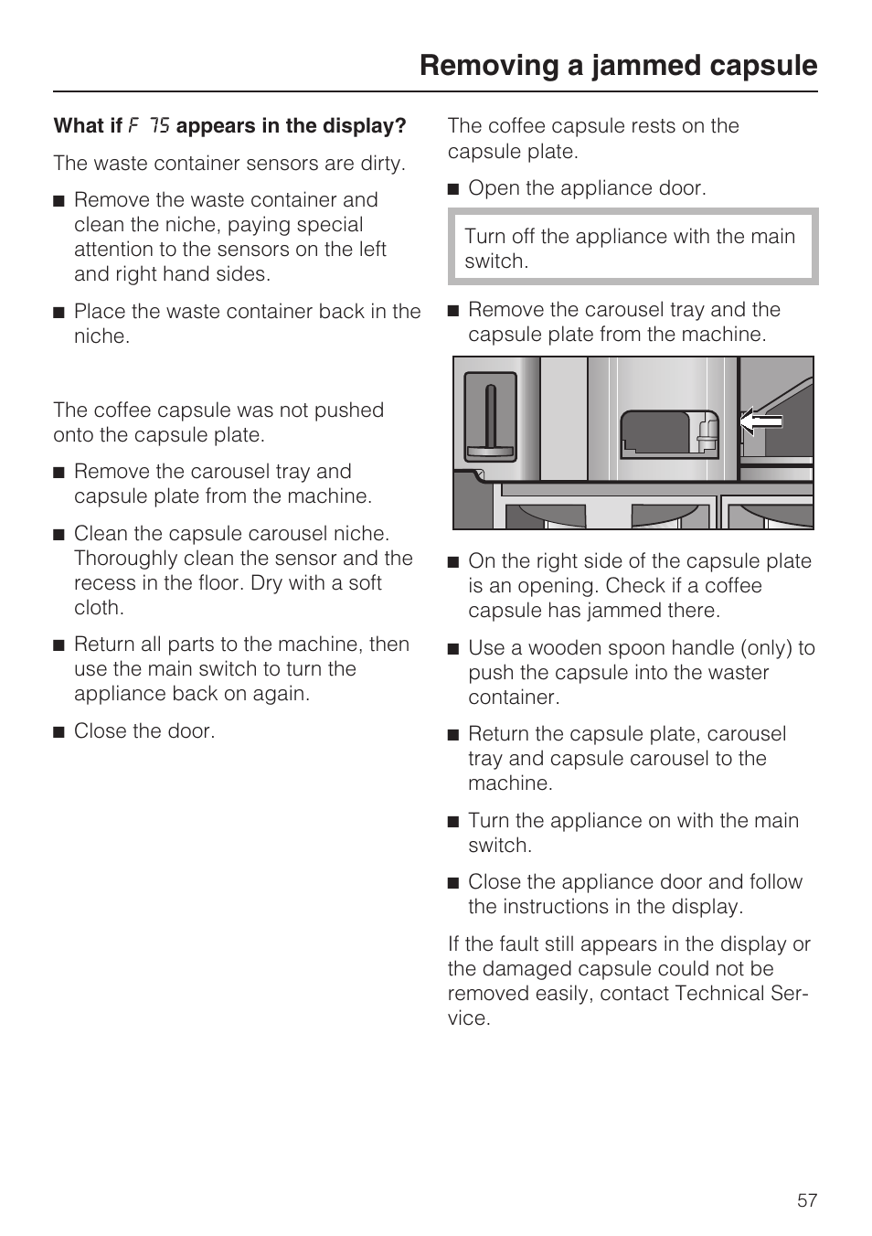 Removing a jammed capsule | Miele CVA 2652 User Manual | Page 57 / 72