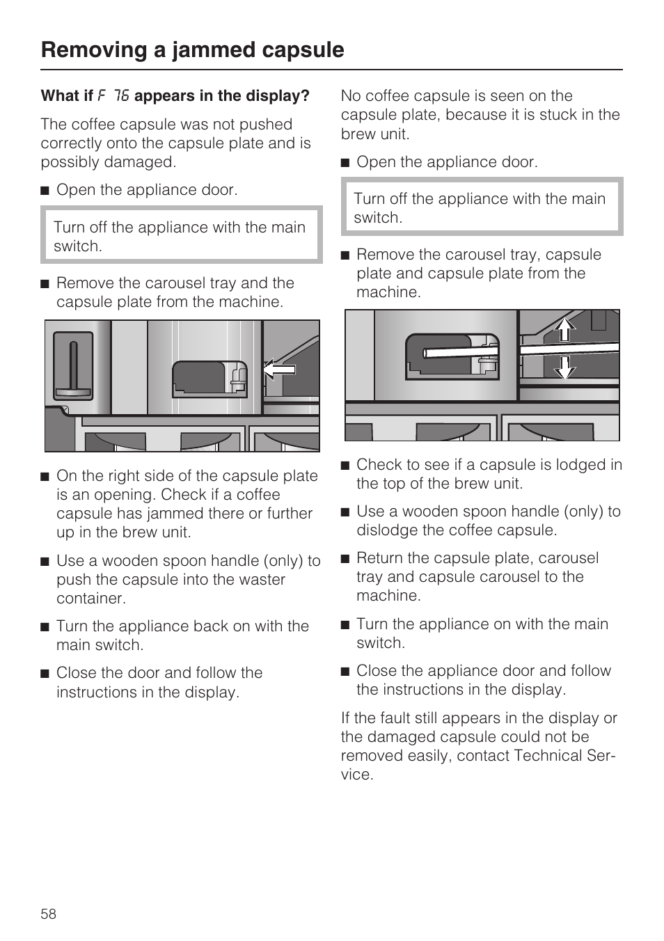 Removing a jammed capsule | Miele CVA 2652 User Manual | Page 58 / 72