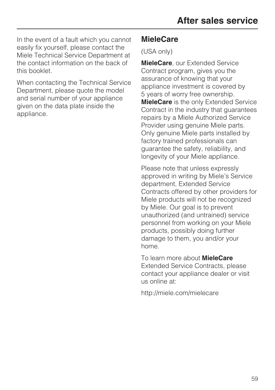 After sales service 59, After sales service, Mielecare | Miele CVA 2652 User Manual | Page 59 / 72