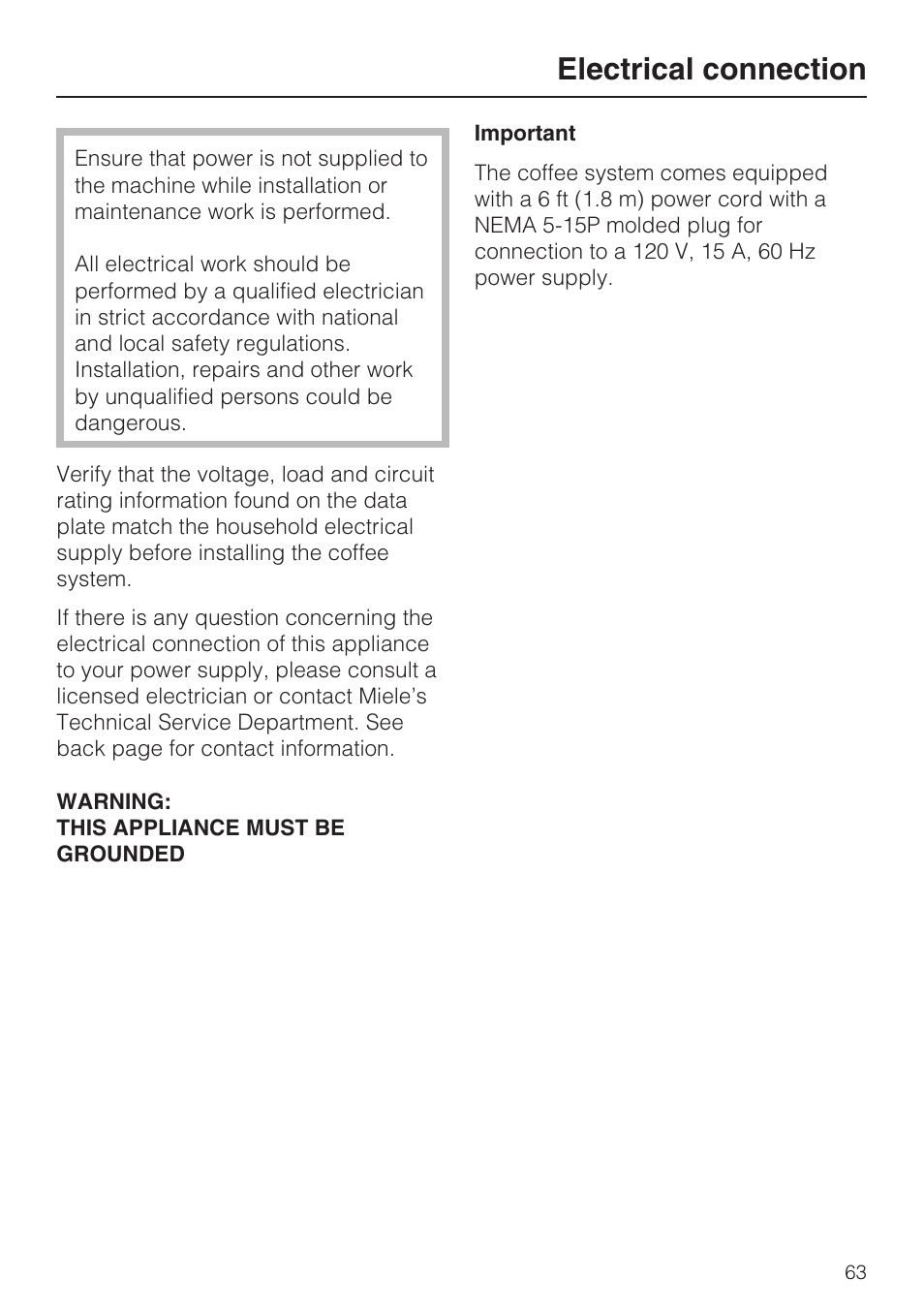 Electrical connection 63, Electrical connection | Miele CVA 2652 User Manual | Page 63 / 72