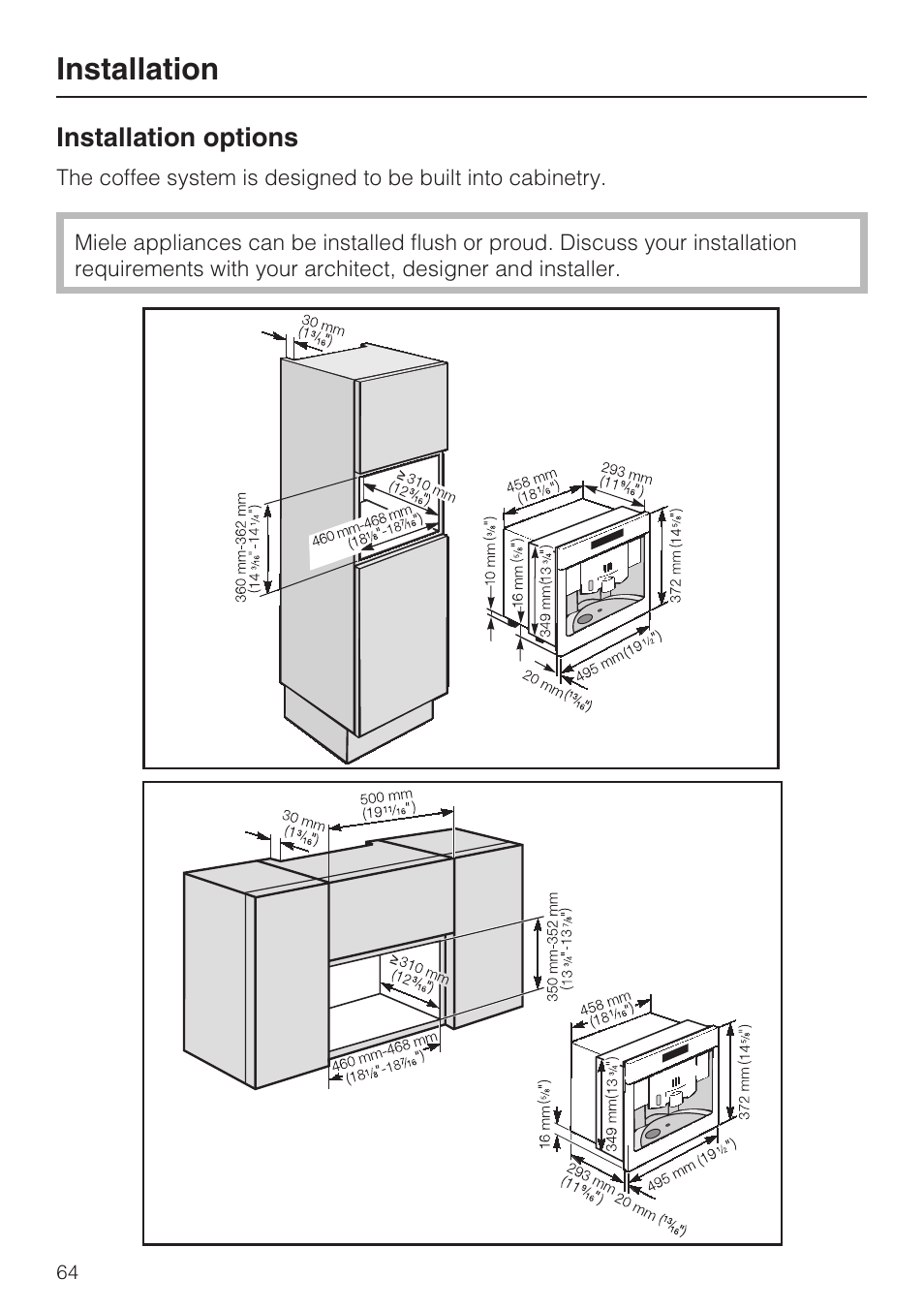 Installation 64, Installation options 64, Installation | Miele CVA 2652 User Manual | Page 64 / 72