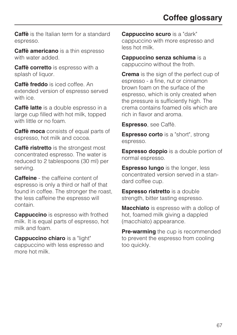 Coffee glossary 67, Coffee glossary | Miele CVA 2652 User Manual | Page 67 / 72