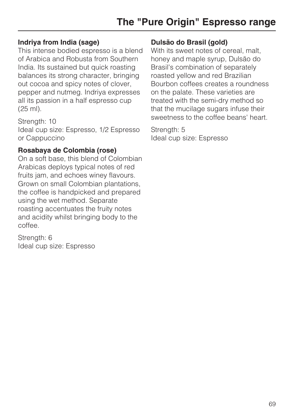 The "pure origin" espresso range 69, The "pure origin" espresso range | Miele CVA 2652 User Manual | Page 69 / 72