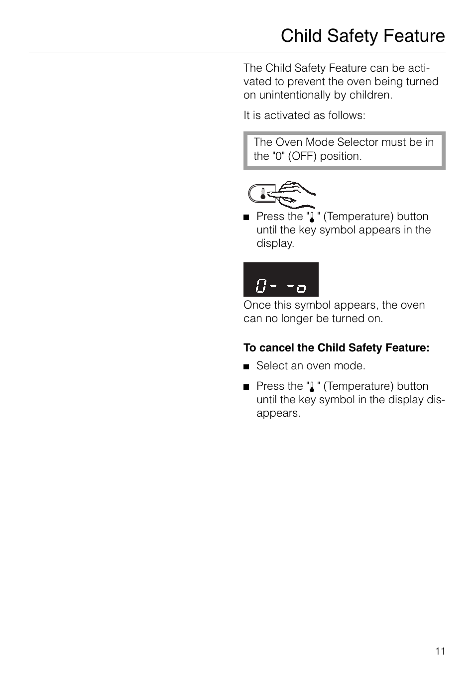 Child safety feature | Miele H 277 B User Manual | Page 11 / 60