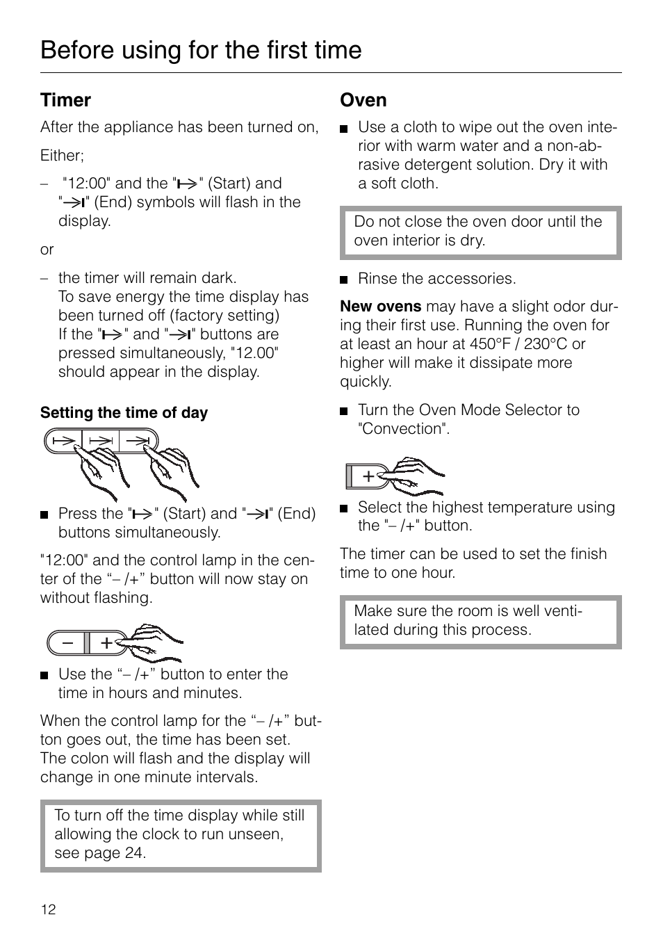 Before using for the first time, Timer, Oven | Miele H 277 B User Manual | Page 12 / 60