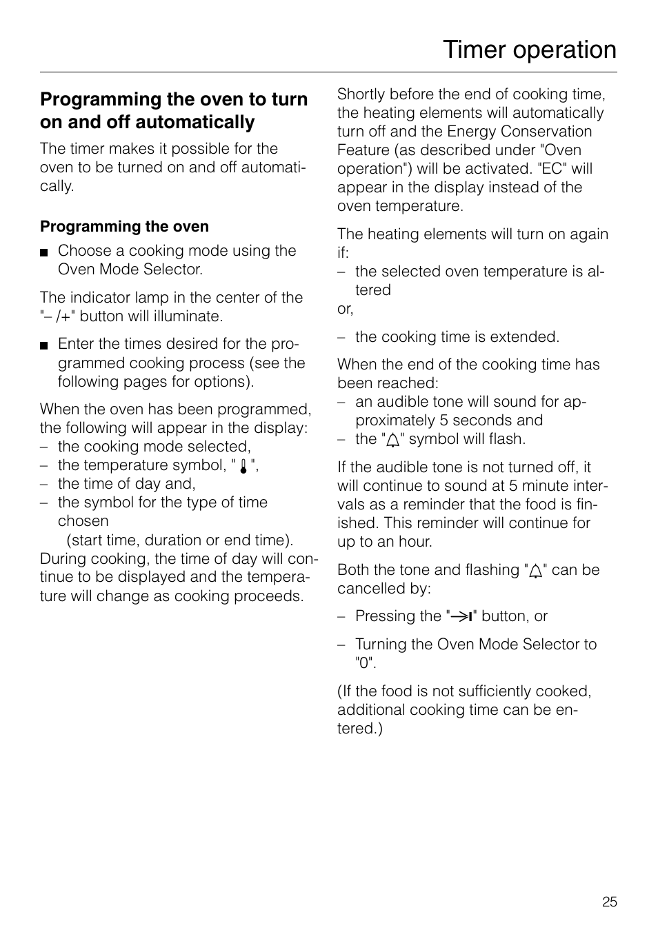 Timer operation | Miele H 277 B User Manual | Page 25 / 60