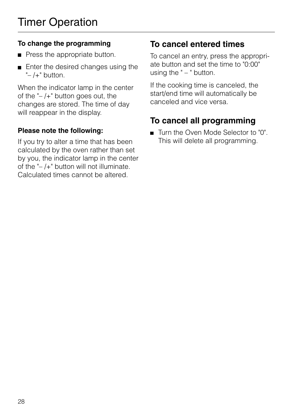 Timer operation | Miele H 277 B User Manual | Page 28 / 60