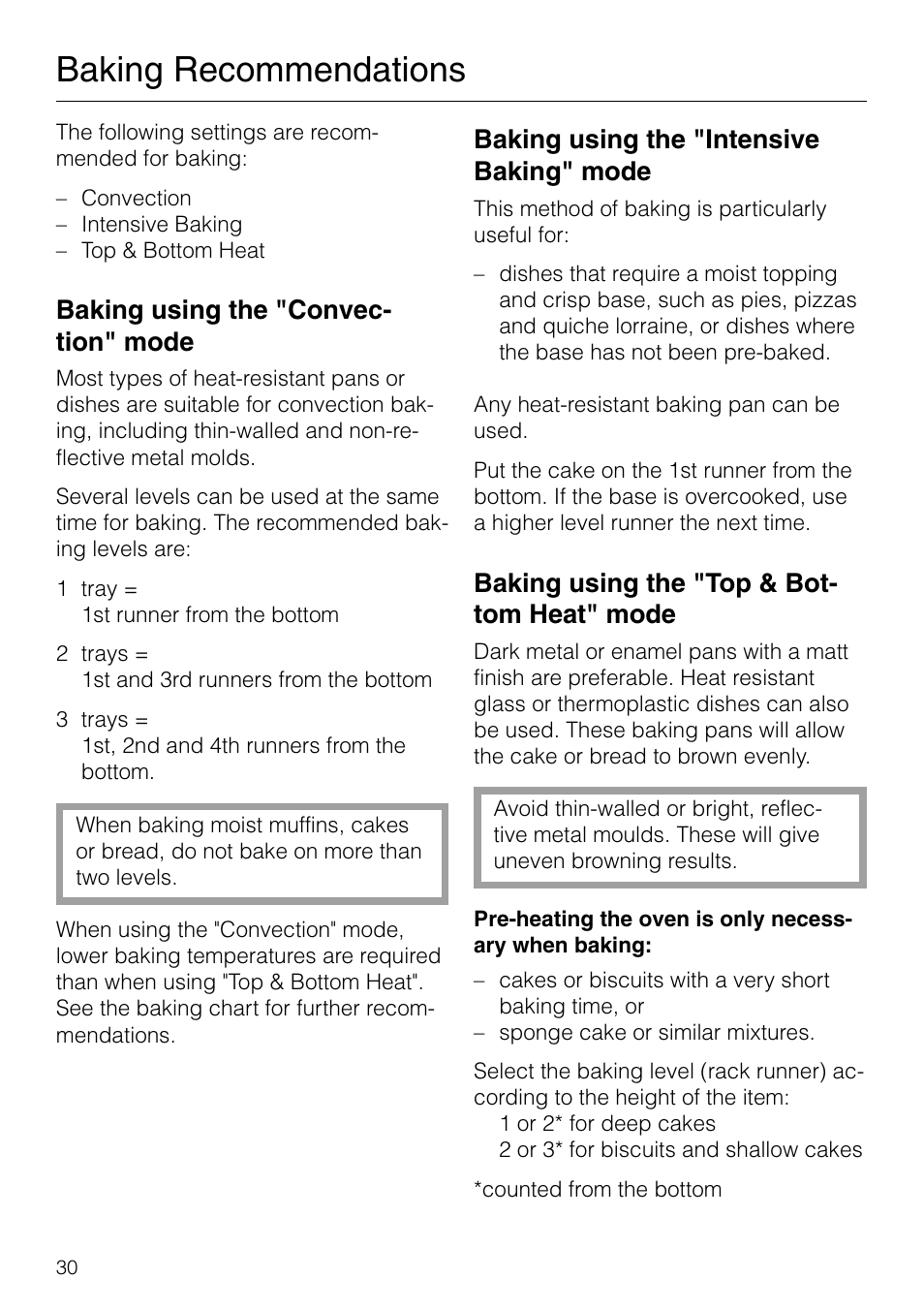 Baking recommendations, Baking using the "convec- tion" mode, Baking using the "intensive baking" mode | Baking using the "top & bot- tom heat" mode | Miele H 277 B User Manual | Page 30 / 60