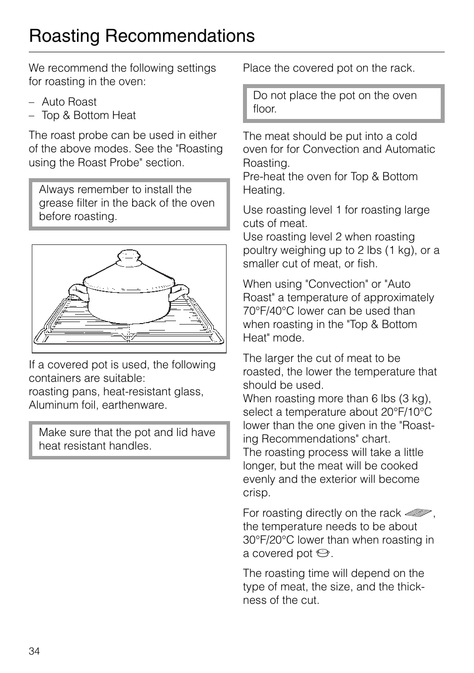 Roasting recommendations | Miele H 277 B User Manual | Page 34 / 60
