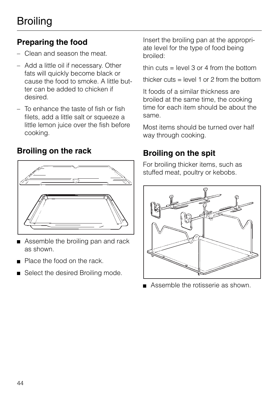 Broiling, Preparing the food, Broiling on the rack | Broiling on the spit | Miele H 277 B User Manual | Page 44 / 60