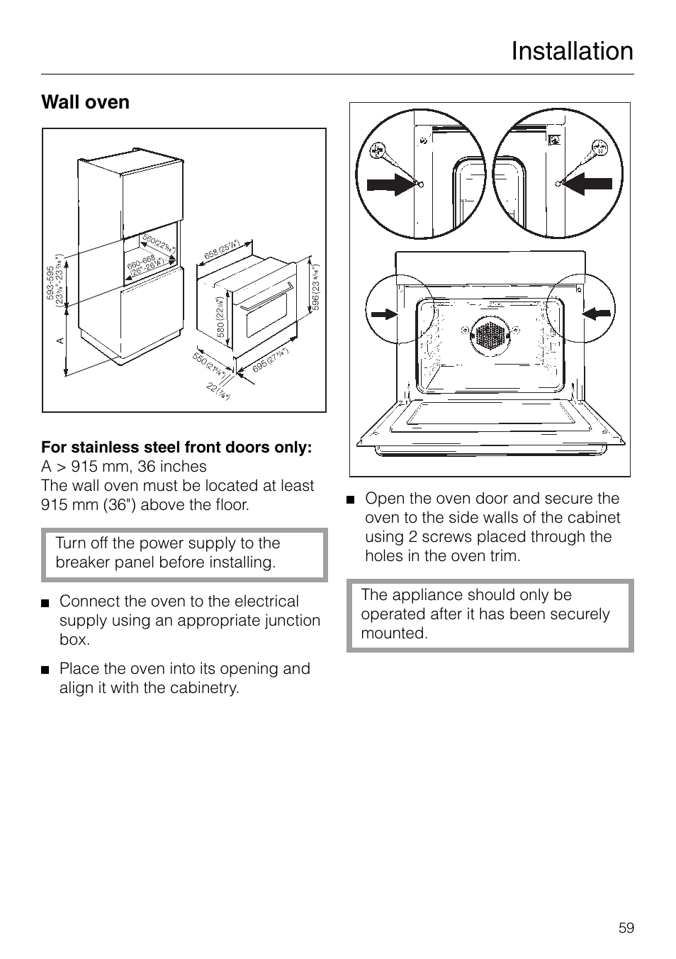 Installation | Miele H 277 B User Manual | Page 59 / 60