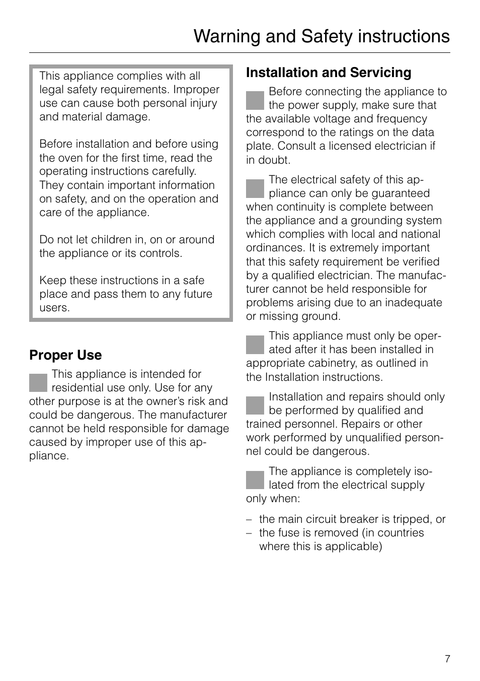 Warning and safety instructions, Proper use, Installation and servicing | Miele H 277 B User Manual | Page 7 / 60