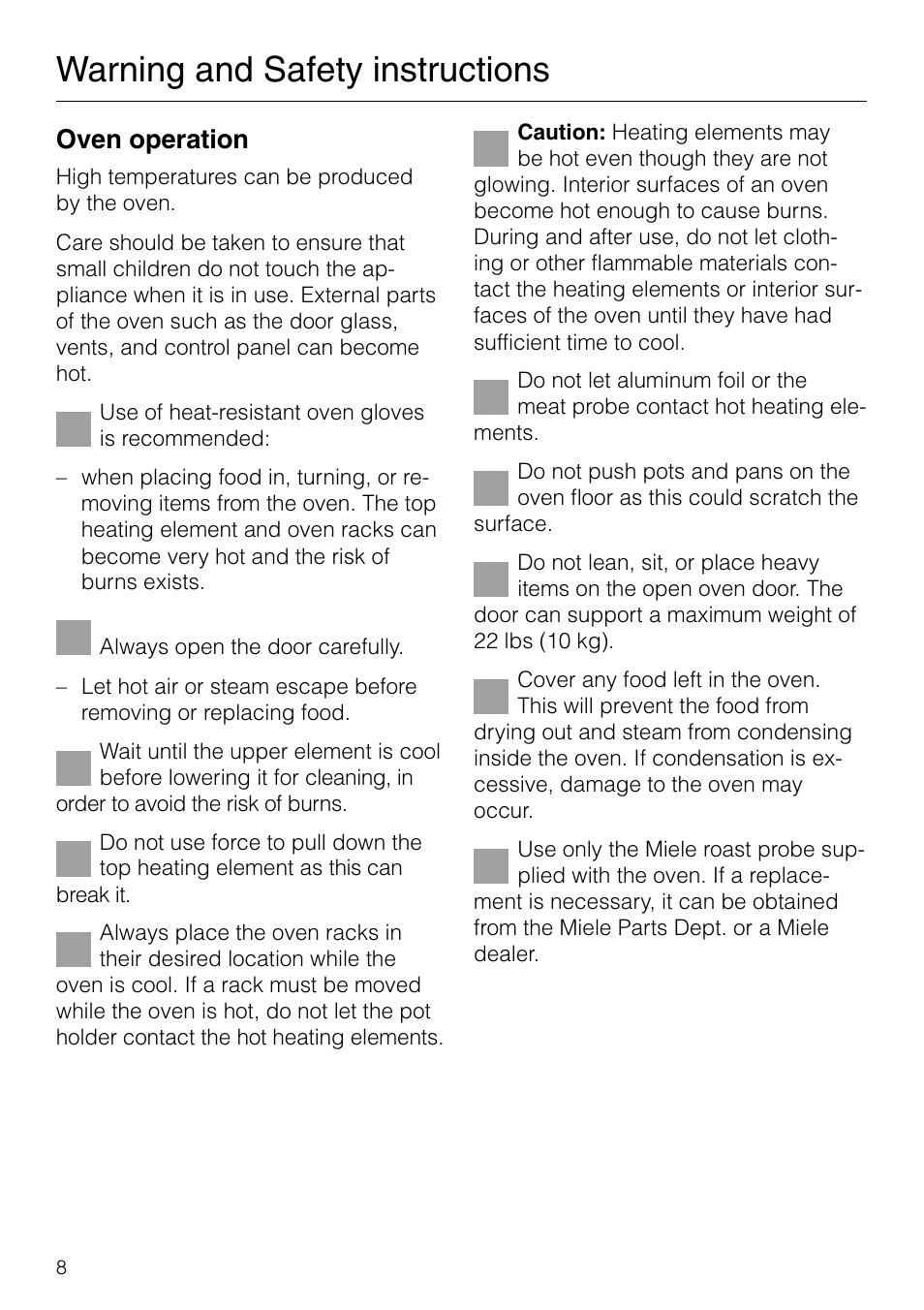 Warning and safety instructions, Oven operation | Miele H 277 B User Manual | Page 8 / 60