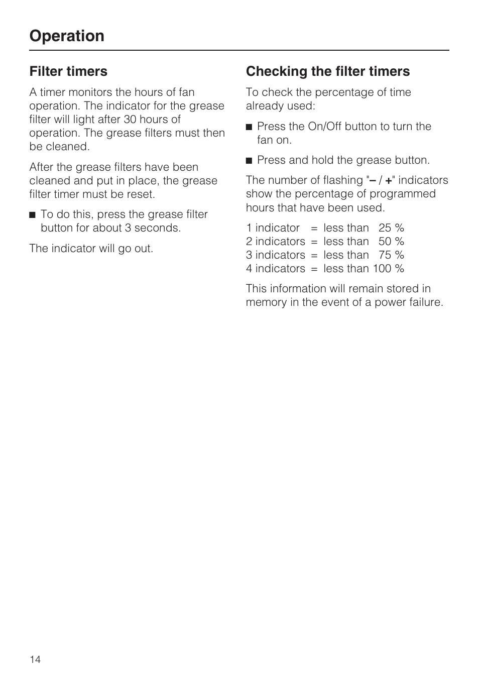 Filter timers 14, Checking the filter timers 14, Operation | Filter timers, Checking the filter timers | Miele DA 220-4 User Manual | Page 14 / 40