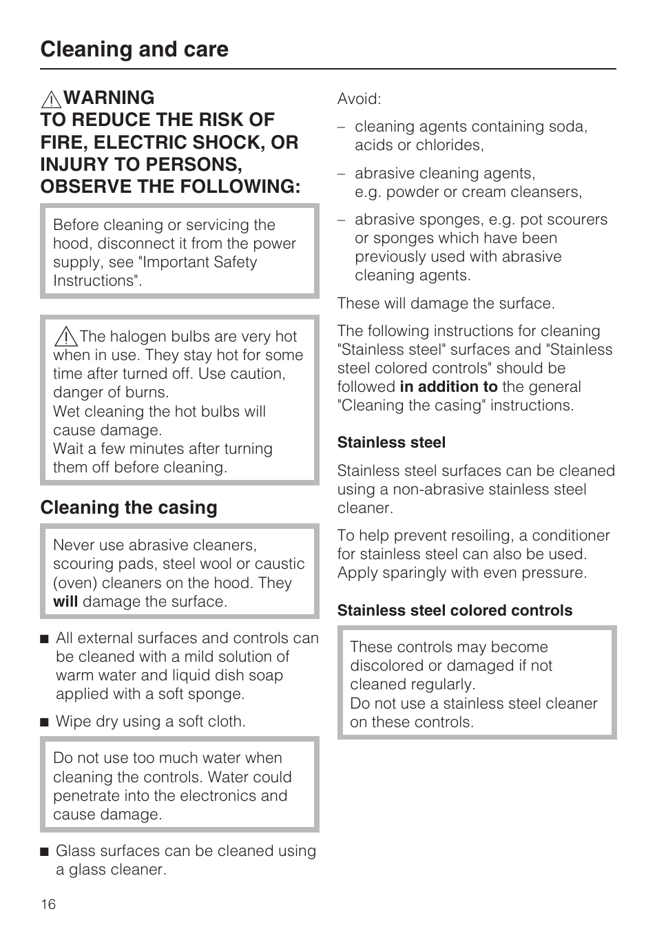Cleaning and care 16, Cleaning the casing 16, Cleaning and care | Cleaning the casing | Miele DA 220-4 User Manual | Page 16 / 40