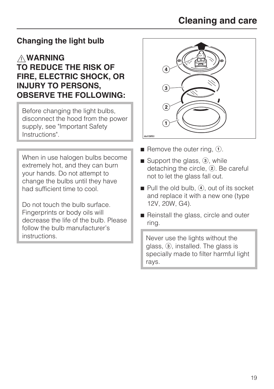 Changing the light bulb 19, Cleaning and care | Miele DA 220-4 User Manual | Page 19 / 40