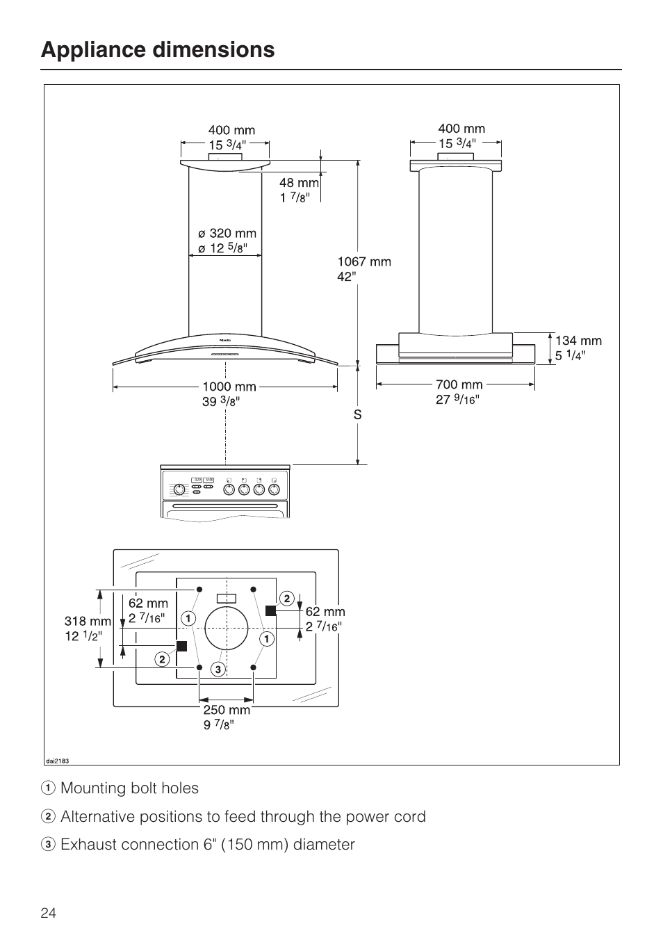Appliance dimensions 24, Appliance dimensions | Miele DA 220-4 User Manual | Page 24 / 40
