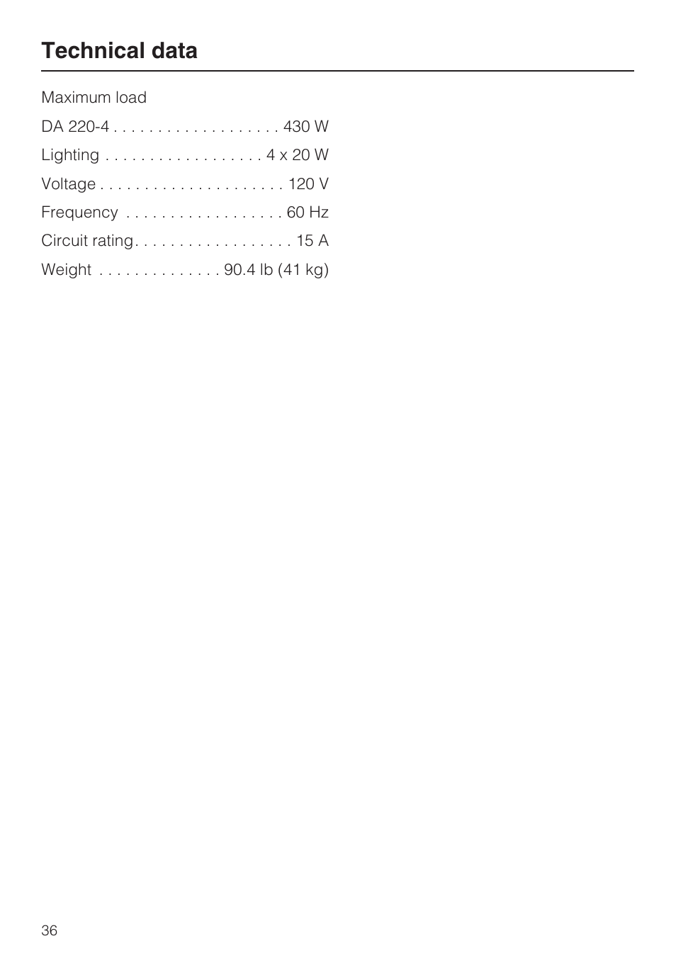 Technical data 36, Technical data | Miele DA 220-4 User Manual | Page 36 / 40