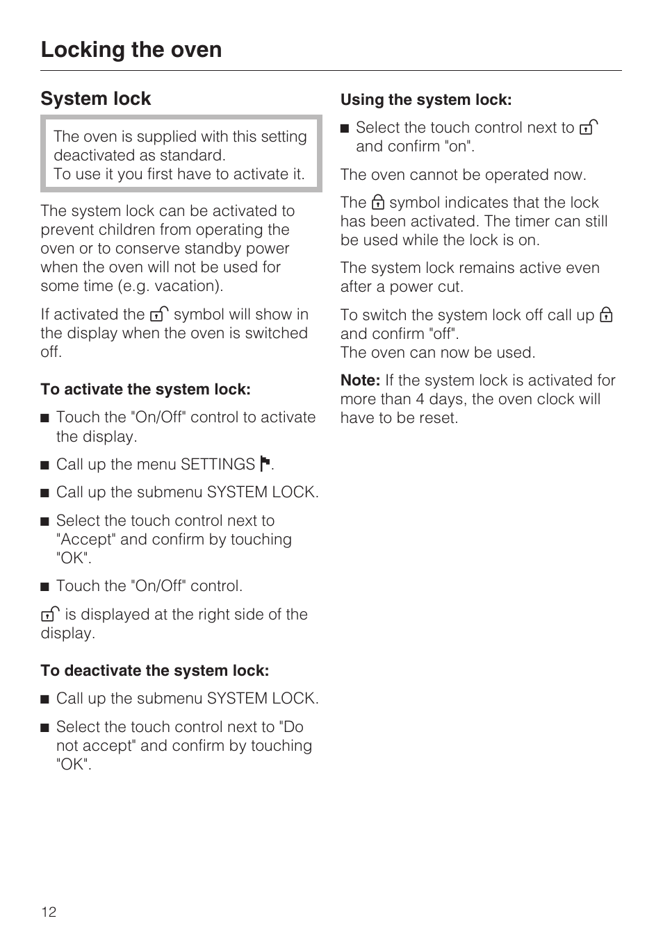 Locking the oven 12, Using the system lock: 12, Locking the oven | System lock | Miele H4890BP2 User Manual | Page 12 / 80