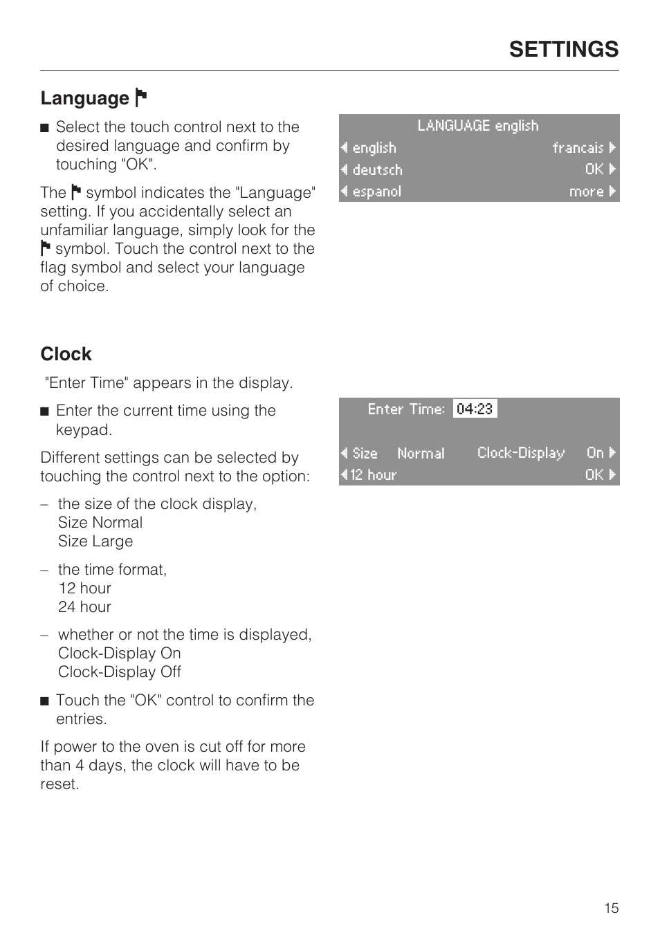 Language j 15, Clock 15, Settings | Language j, Clock | Miele H4890BP2 User Manual | Page 15 / 80