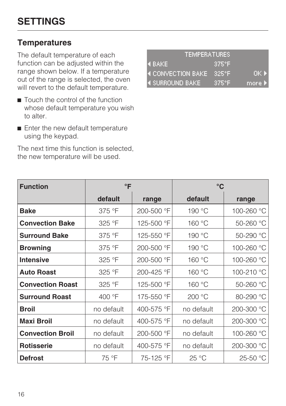 Temperatures 16, Settings, Temperatures | Miele H4890BP2 User Manual | Page 16 / 80