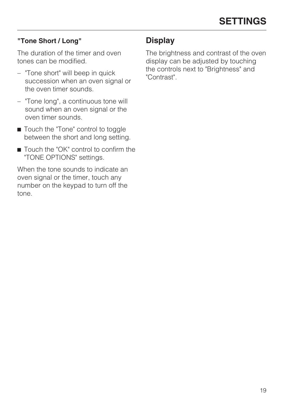 Display 19, Settings, Display | Miele H4890BP2 User Manual | Page 19 / 80