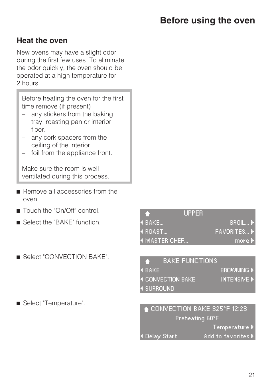 Before using the oven 21, Before using the oven, Heat the oven | Miele H4890BP2 User Manual | Page 21 / 80