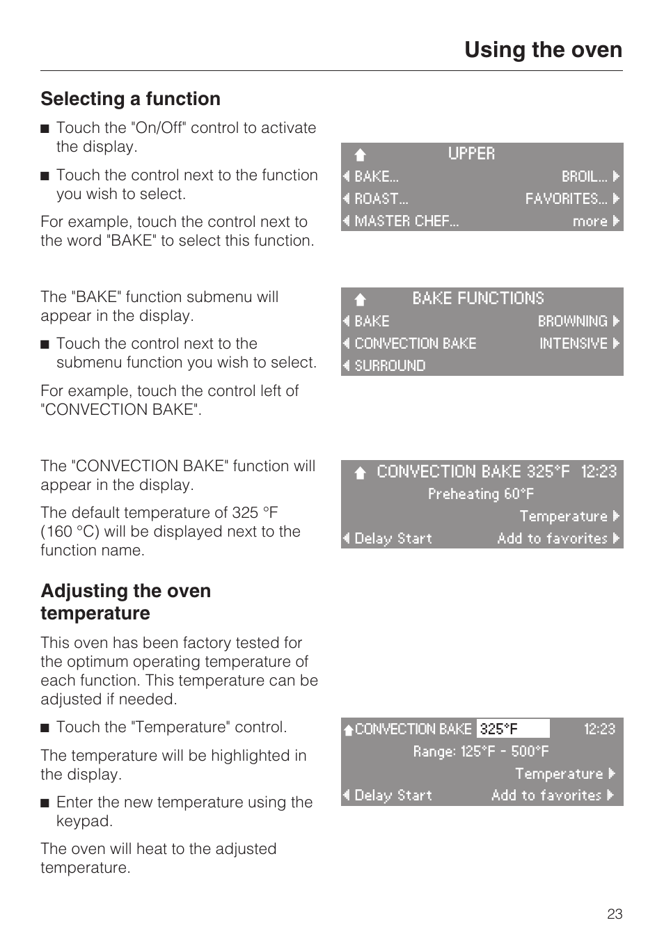 Using the oven 23, Selecting a function 23, Adjusting the oven temperature 23 | Using the oven, Selecting a function, Adjusting the oven temperature | Miele H4890BP2 User Manual | Page 23 / 80