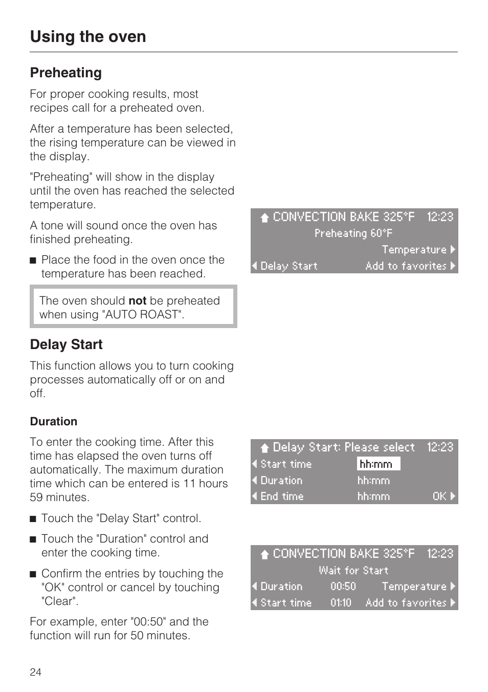 Preheating 24, Delay start 24, Duration 24 | Using the oven, Preheating, Delay start | Miele H4890BP2 User Manual | Page 24 / 80