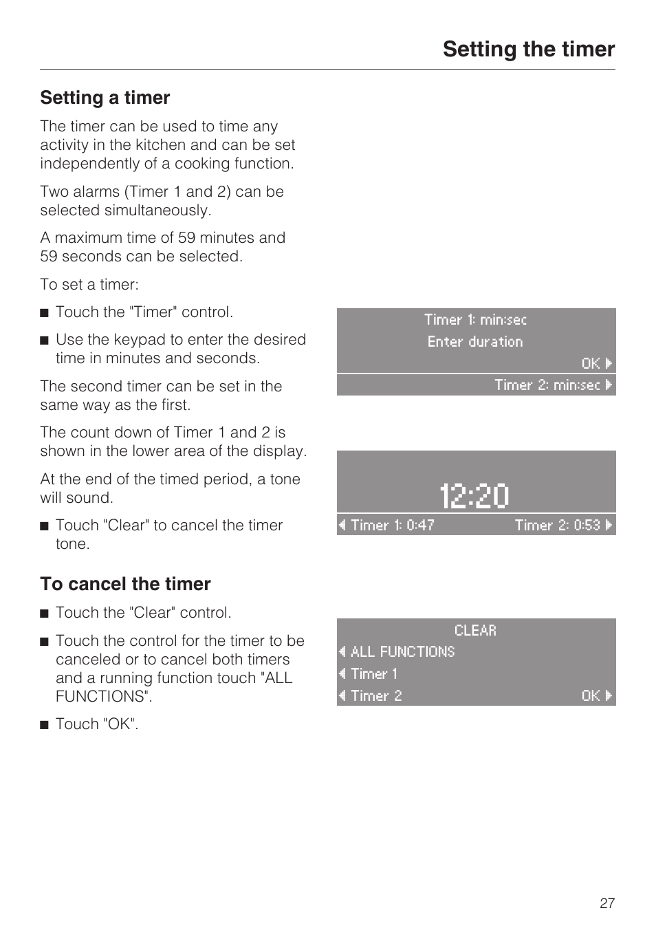 Setting the timer 27, Setting the timer, Setting a timer | Miele H4890BP2 User Manual | Page 27 / 80